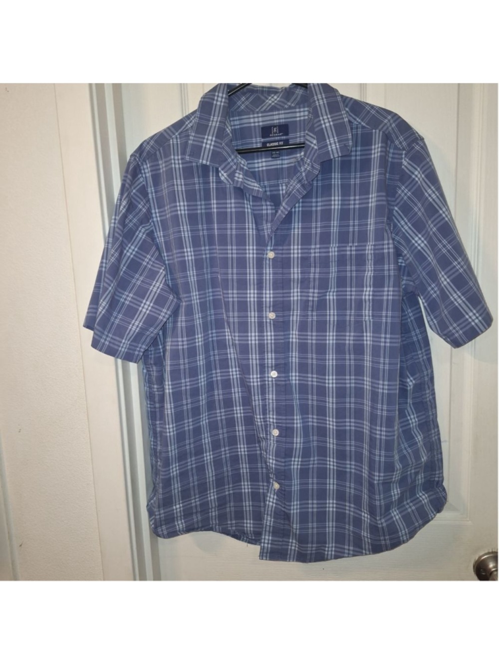 Mens Blue and White Check Short Sleeve Button Up Shirt